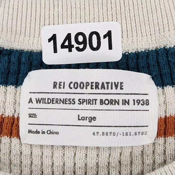 REI Sweater Women Large White Blue Striped Waffle Knit Pullover Cotton Crew Neck - Picture 7 of 12